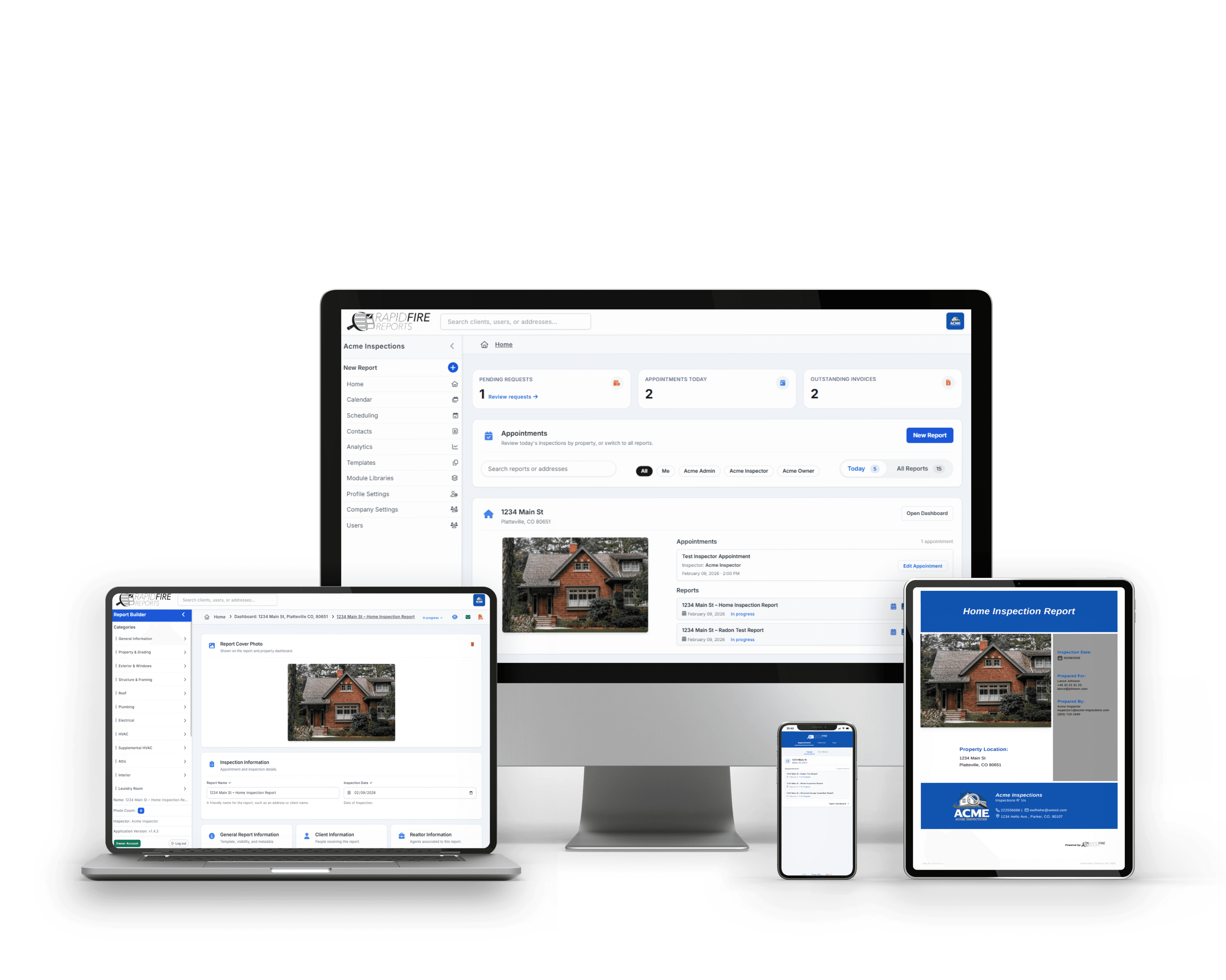 RapidFire Reports product interface displayed across desktop and mobile devices