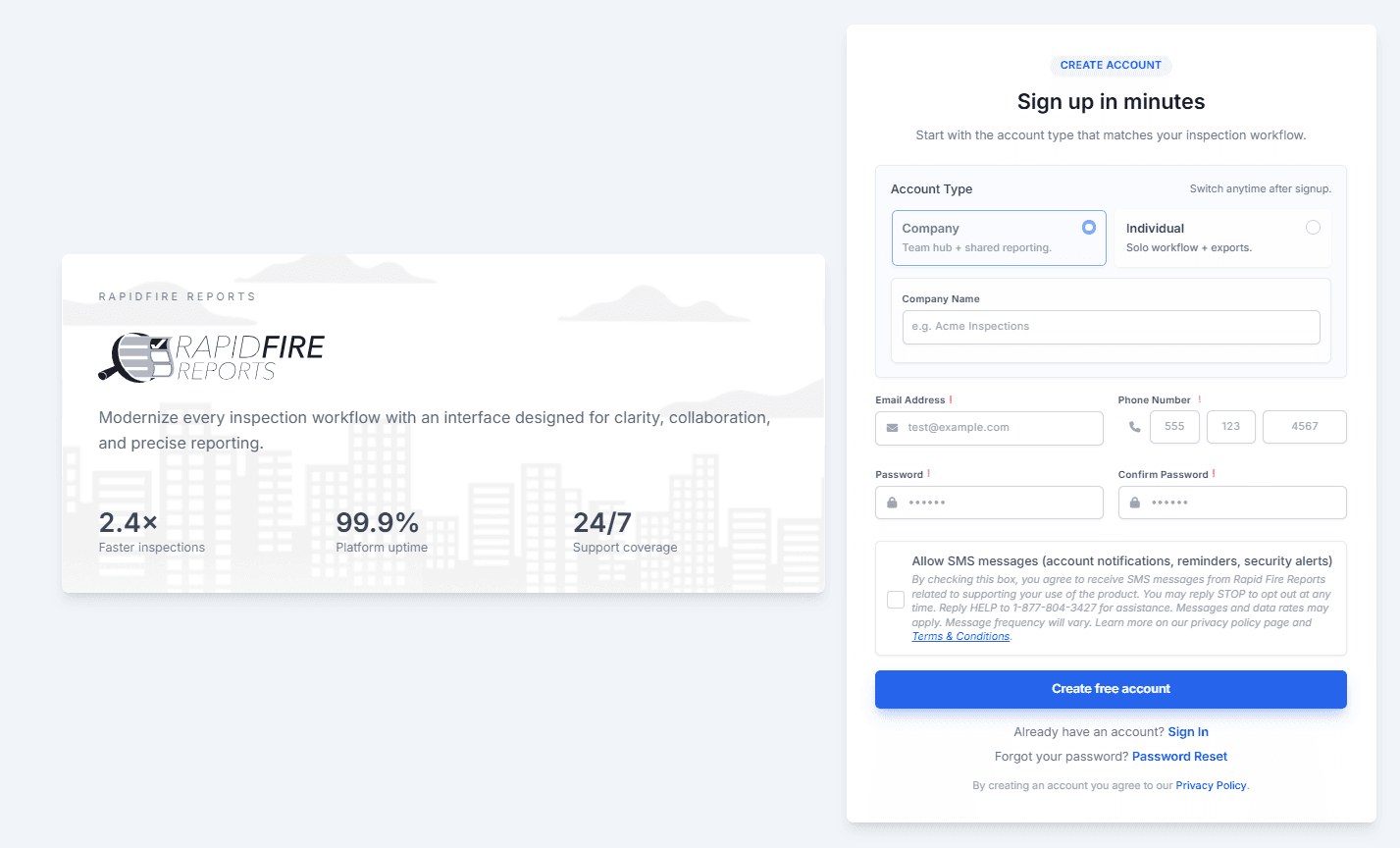 RapidFire Reports signup screen